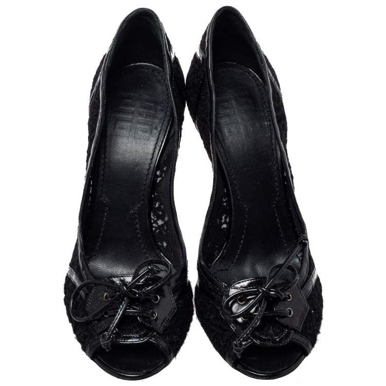 Pre Owned Givenchy Black Lace And Leather Pumps Size 38