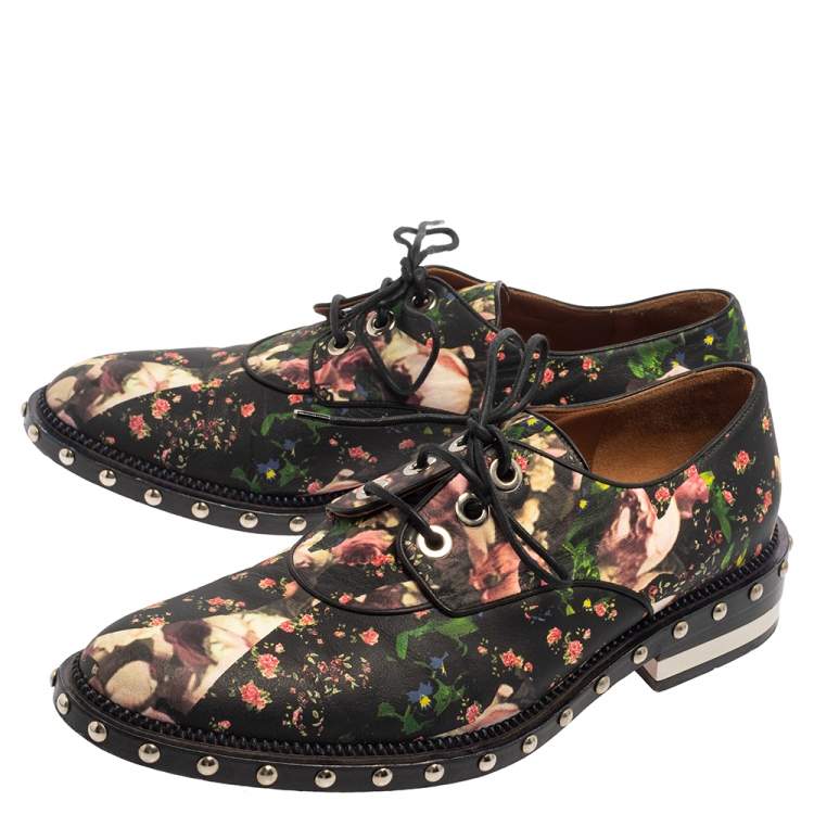 مملوكة مسبقًا Givenchy Black Floral Print Leather Studded Lace Up Derby Size 38