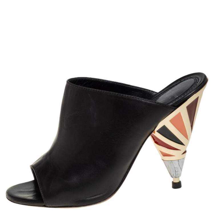 Pre Owned Givenchy Black Leather Show Mixed Cone Heel Mules Size 36