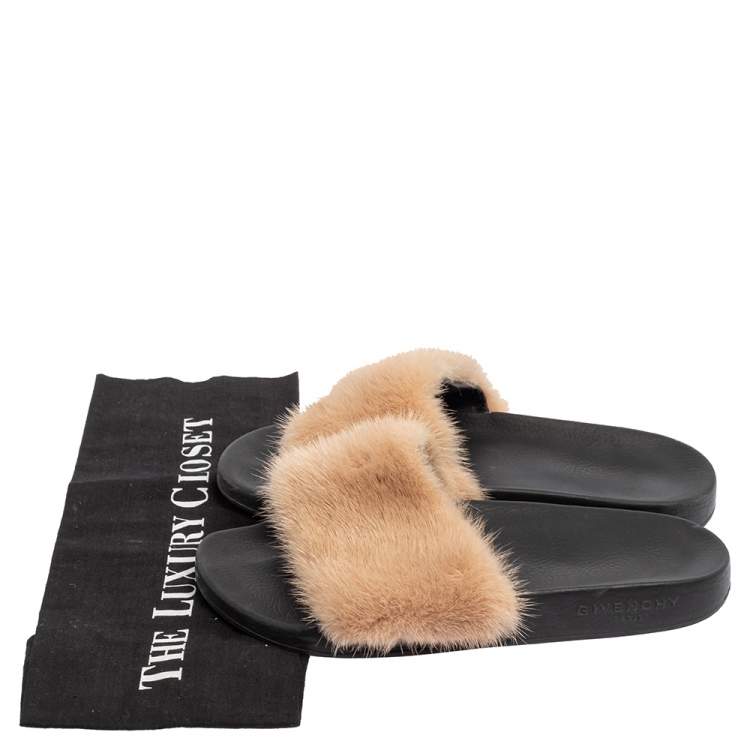 Pre Owned Givenchy Beige Mink Fur Flat Slides Size 38