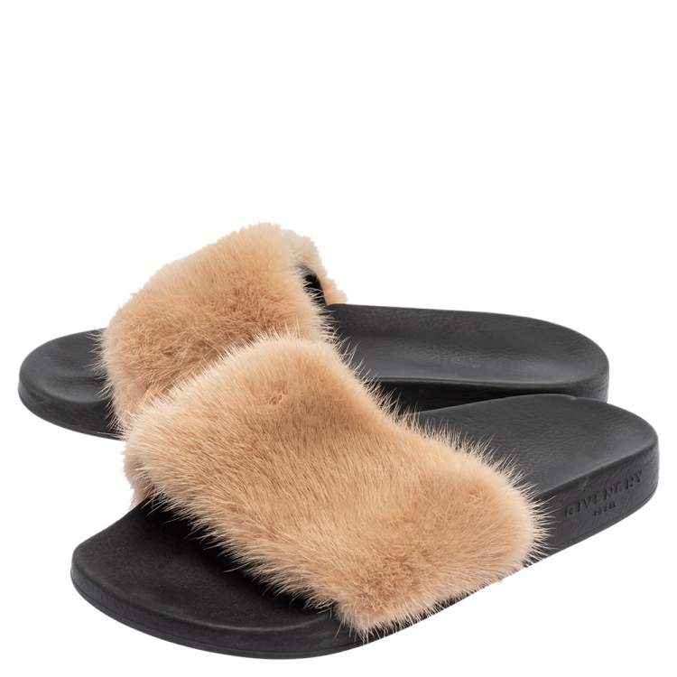 Pre Owned Givenchy Beige Mink Fur Flat Slides Size 38