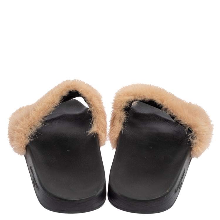 Pre Owned Givenchy Beige Mink Fur Flat Slides Size 38