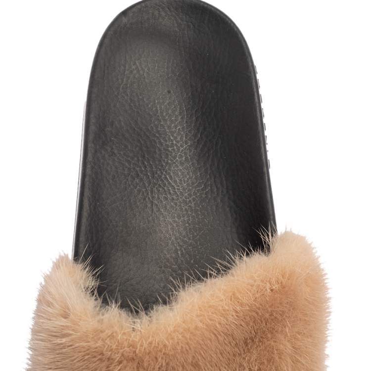 Pre Owned Givenchy Beige Mink Fur Flat Slides Size 38
