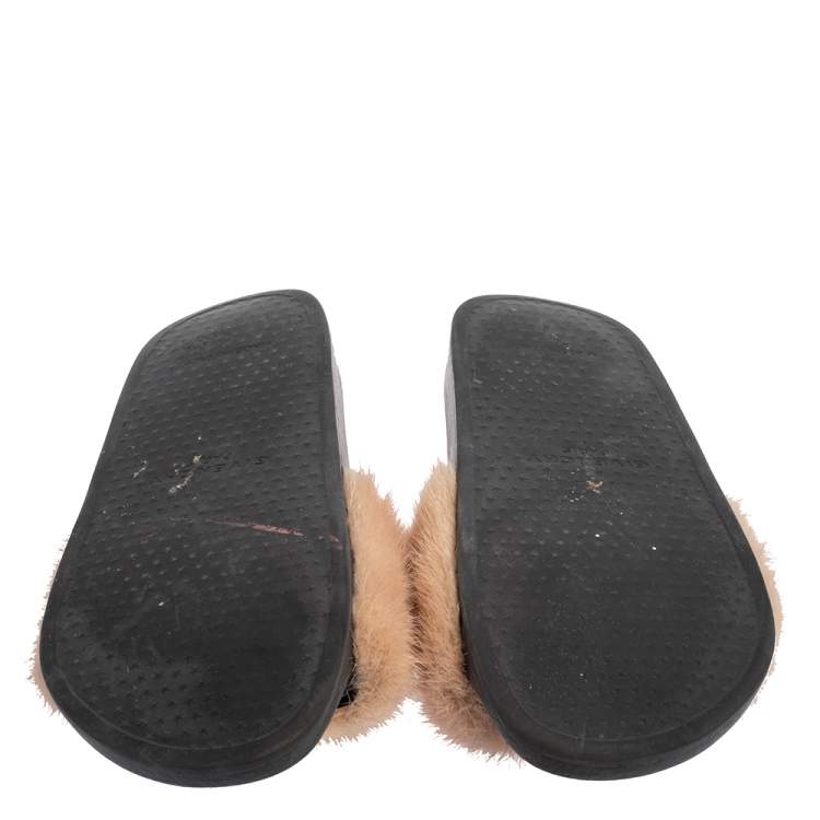 Pre Owned Givenchy Beige Mink Fur Flat Slides Size 38