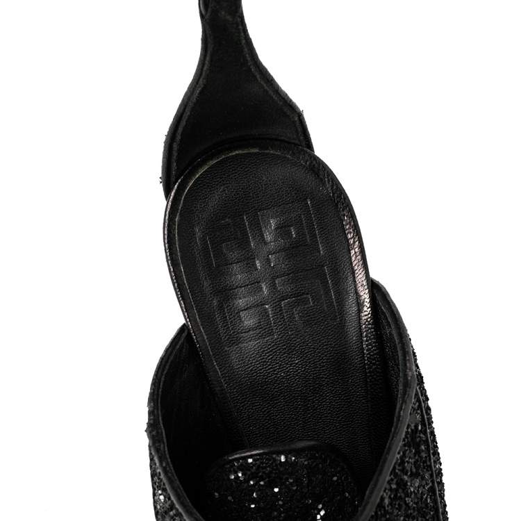 Pre Owned Givenchy Black Glitter Lace Up Peep Toe Ankle Strap Sandals Size 37.5