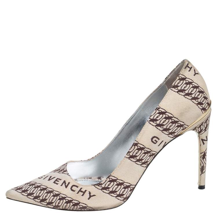 Pre Owned Givenchy Beige/White Canvas Givenchy Chain Pointed Toe Pumps Size 38