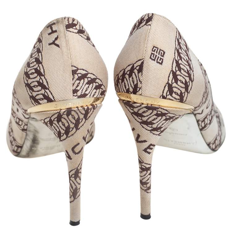 Pre Owned Givenchy Beige/White Canvas Givenchy Chain Pointed Toe Pumps Size 38