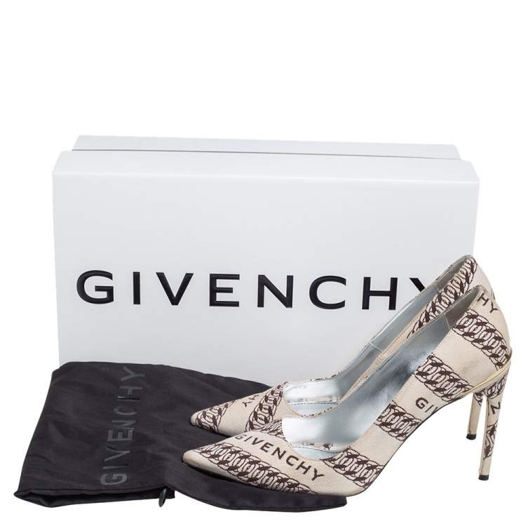 Pre Owned Givenchy Beige/White Canvas Givenchy Chain Pointed Toe Pumps Size 38