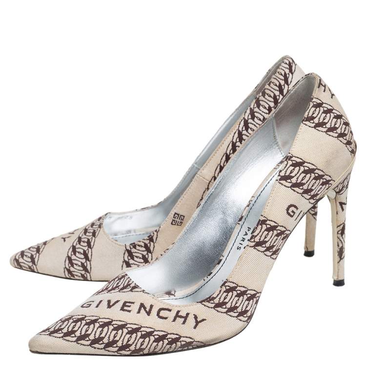 Pre Owned Givenchy Beige/White Canvas Givenchy Chain Pointed Toe Pumps Size 38