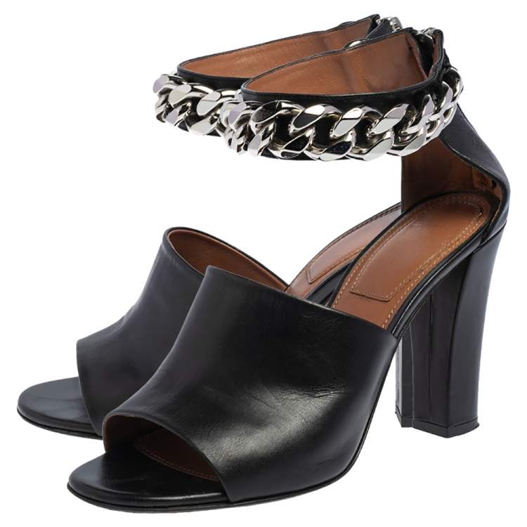 Pre Owned Givenchy Black Leather Chain Detail Ankle Cuff Sandals Size 38.5