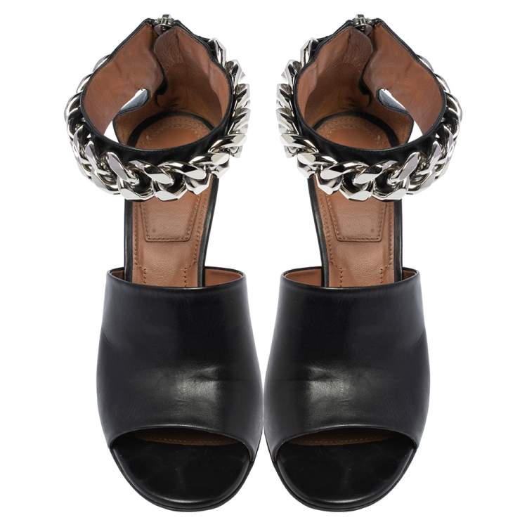 Pre Owned Givenchy Black Leather Chain Detail Ankle Cuff Sandals Size 38.5