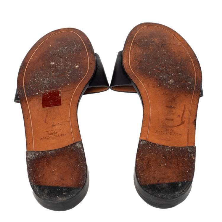 Pre Owned Givenchy Black Leather Open Toe Flat Slides Size 38