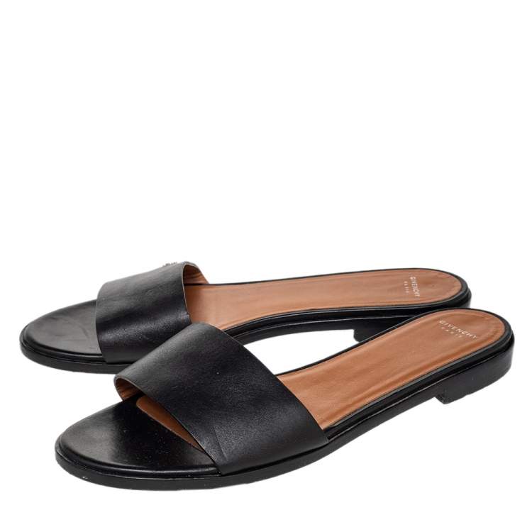 Pre Owned Givenchy Black Leather Open Toe Flat Slides Size 38