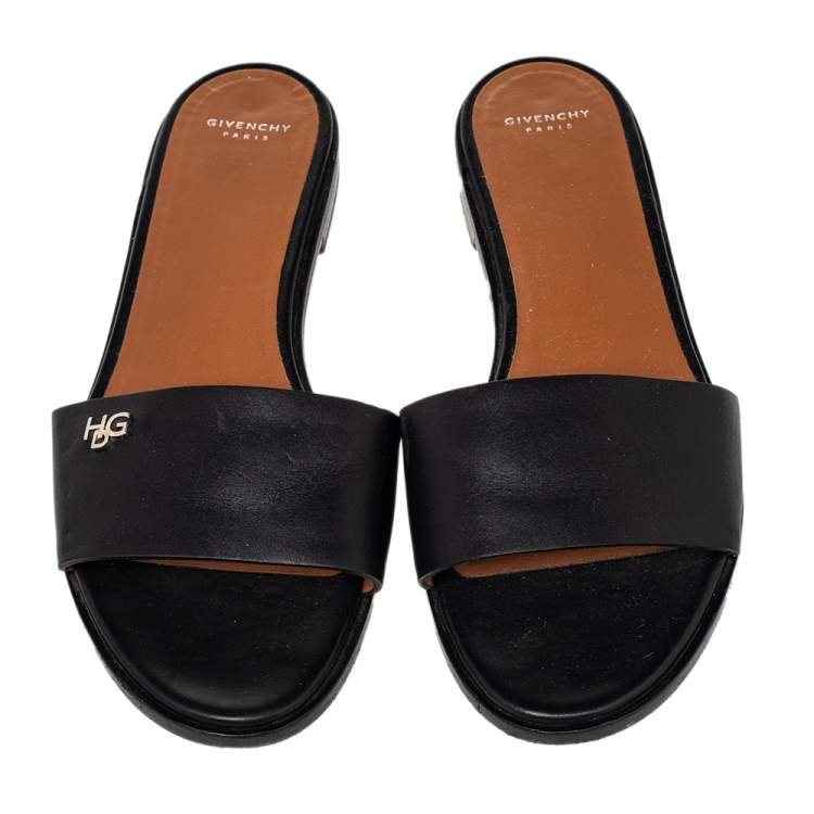 Pre Owned Givenchy Black Leather Open Toe Flat Slides Size 38