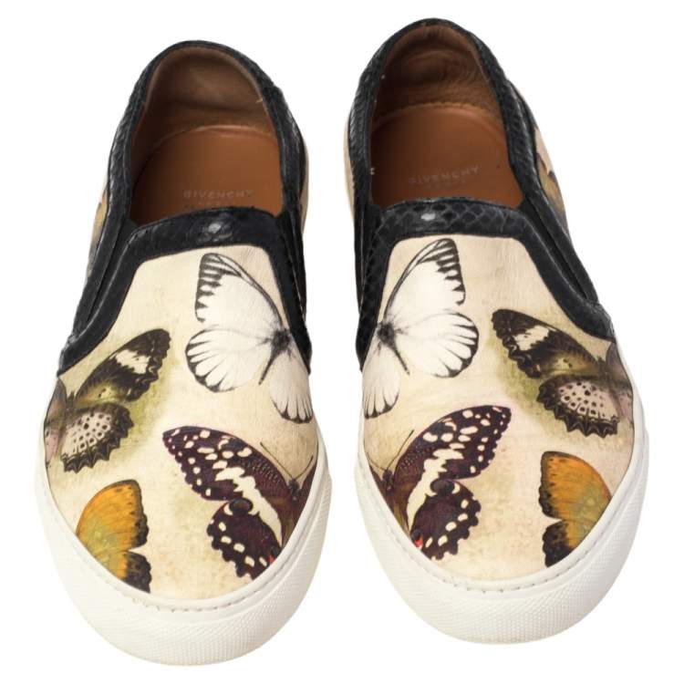 Pre Owned Givenchy Beige Butterfly Print Leather And Python Round Toe Slip On Sneakers Size 38.5
