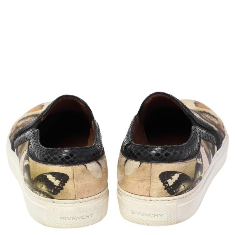 Pre Owned Givenchy Beige Butterfly Print Leather And Python Round Toe Slip On Sneakers Size 38.5