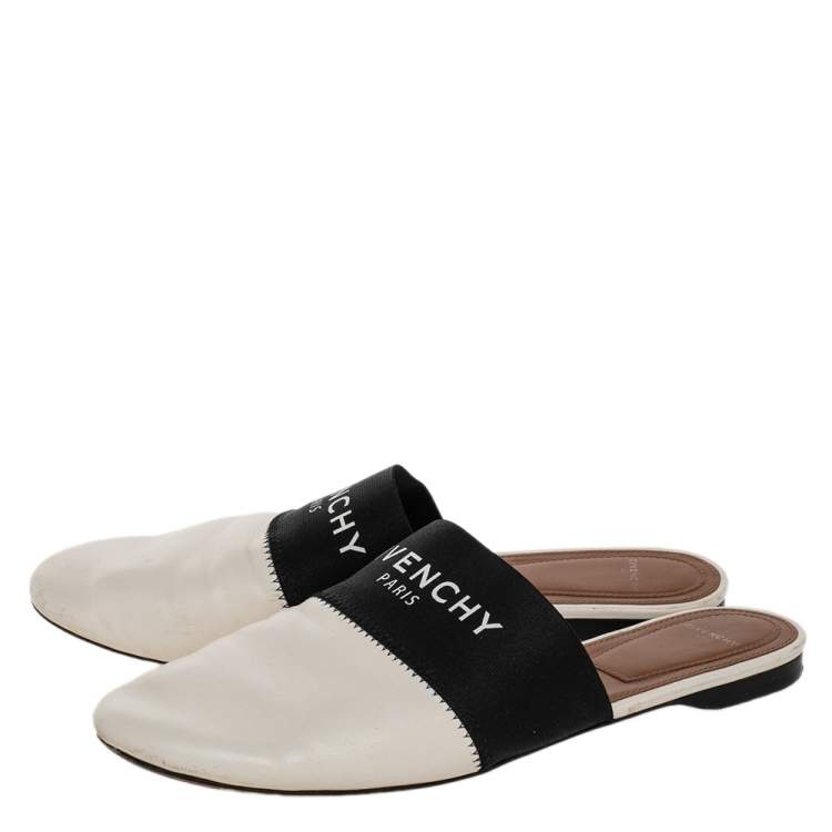 Pre Owned Givenchy White/Black Leather And Fabric Logo Mule Sandals Size 38
