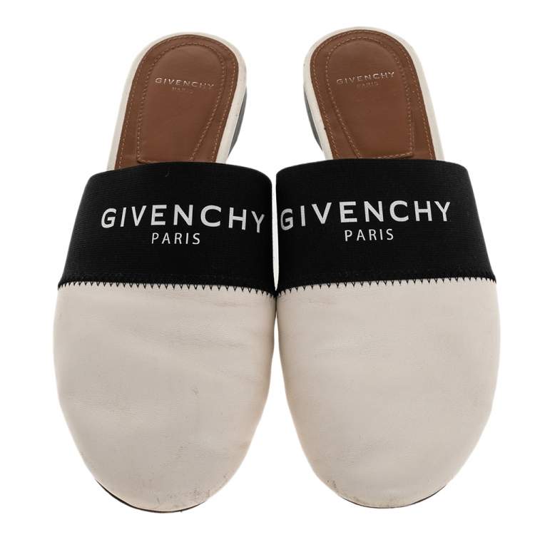 Pre Owned Givenchy White/Black Leather And Fabric Logo Mule Sandals Size 38