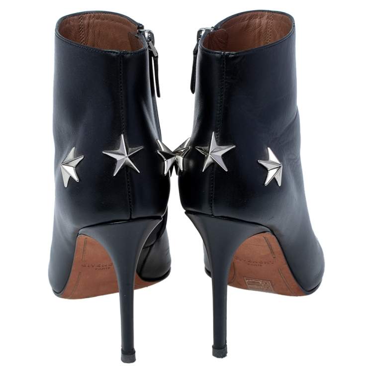 Pre Owned Givenchy Black Leather Star Embellished Open Toe Ankle Booties Size 37.5