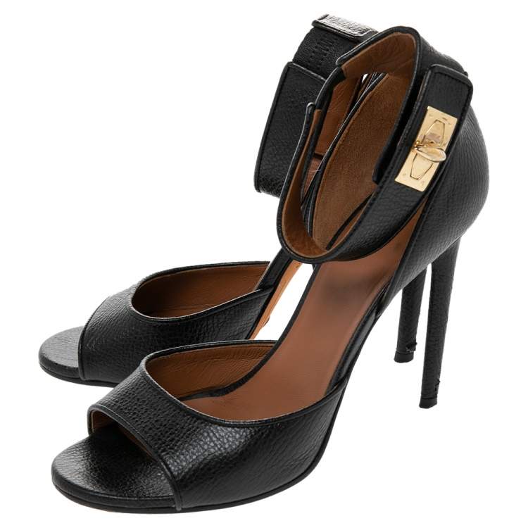 Pre Owned Givenchy Black Leather Shark  Lock Ankle Strap Sandals Size 38