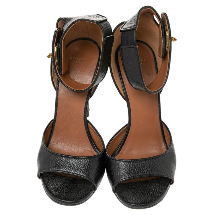 Pre Owned Givenchy Black Leather Shark  Lock Ankle Strap Sandals Size 38