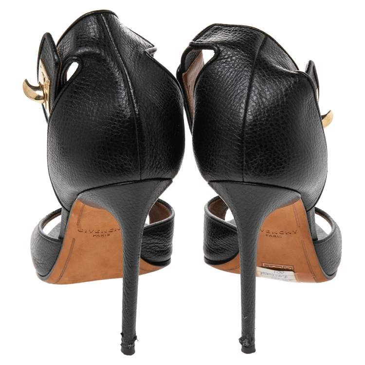 Pre Owned Givenchy Black Leather Shark  Lock Ankle Strap Sandals Size 38