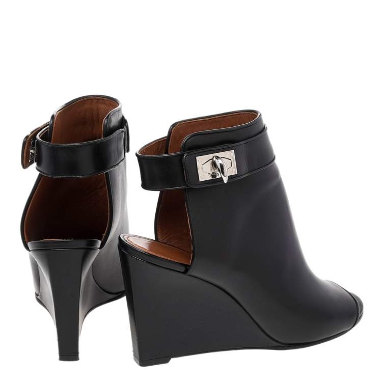 Pre Owned Givenchy Black Leather Shark Lock Peep-Toe Wedge Booties Size 38