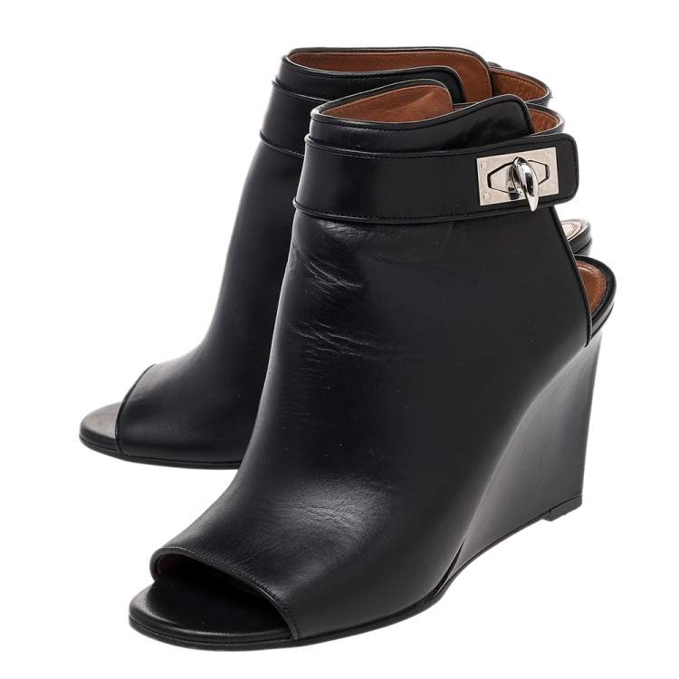 Pre Owned Givenchy Black Leather Shark Lock Peep-Toe Wedge Booties Size 38