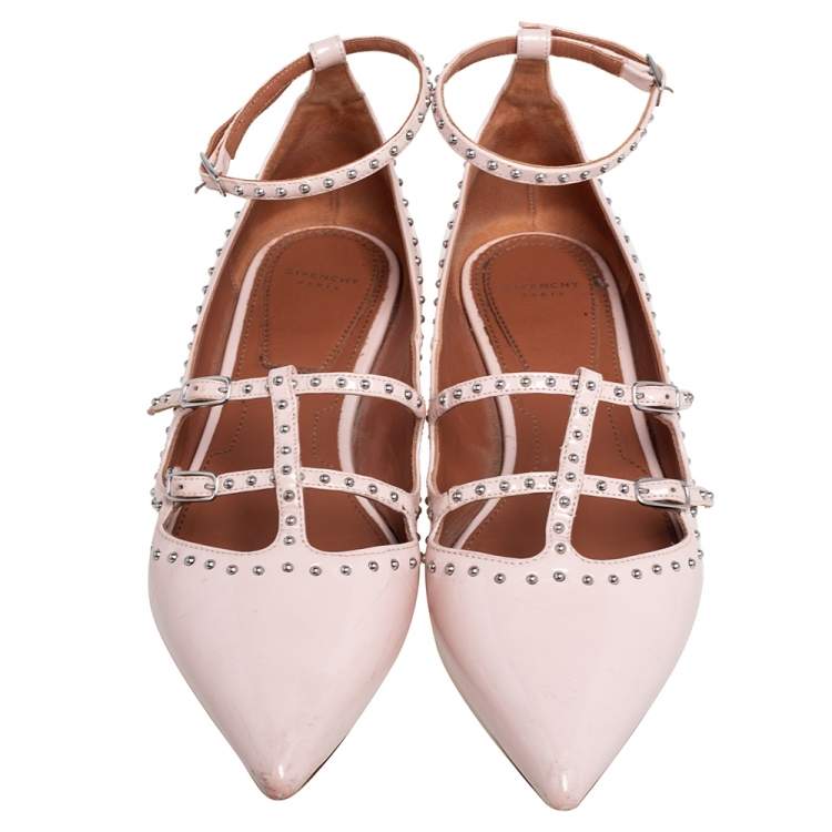 Pre Owned Givenchy Rose Poudre Patent Leather Accent Studded Mary Jane Ballet Flats Size 38.5