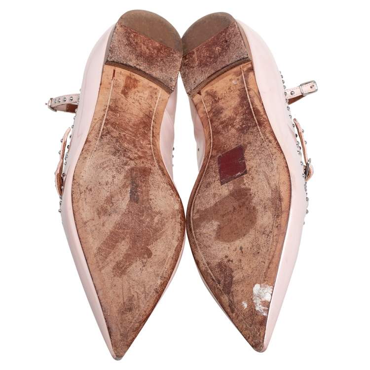 Pre Owned Givenchy Rose Poudre Patent Leather Accent Studded Mary Jane Ballet Flats Size 38.5