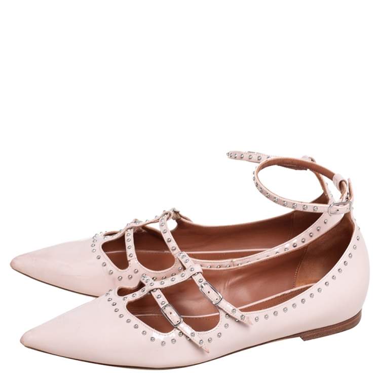 Pre Owned Givenchy Rose Poudre Patent Leather Accent Studded Mary Jane Ballet Flats Size 38.5
