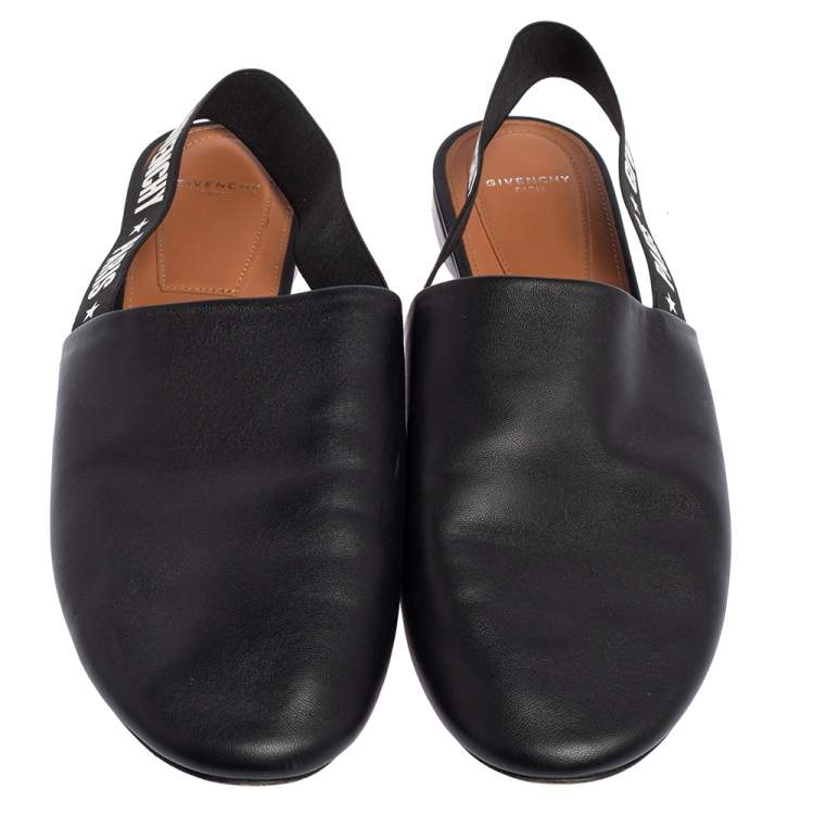 Pre Owned Givenchy Black Leather Rivington Logo Slingback Flat Mules Size 40.5
