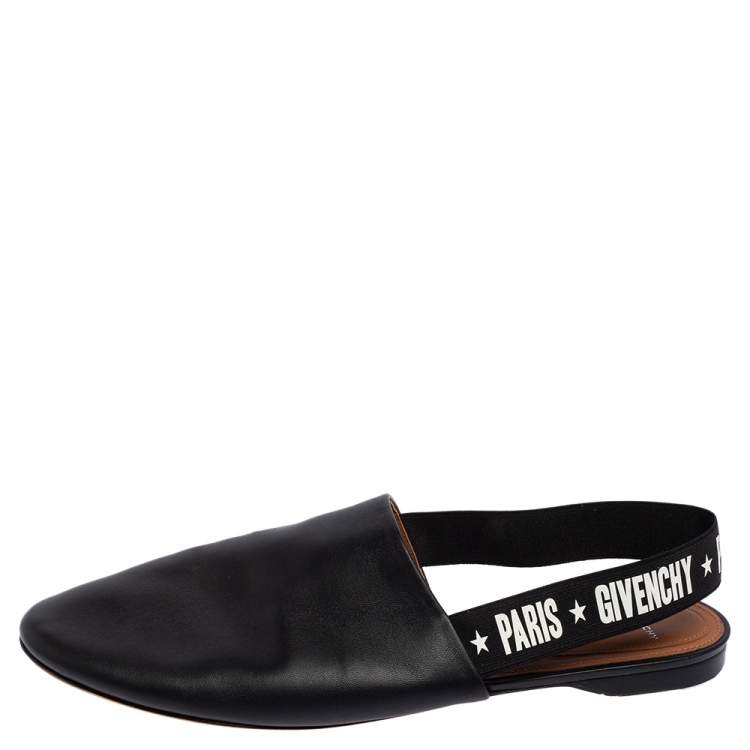 Pre Owned Givenchy Black Leather Rivington Logo Slingback Flat Mules Size 40.5