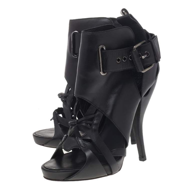 Pre Owned Givenchy Black Leather Ankle Length Strappy Booties Size 36.5