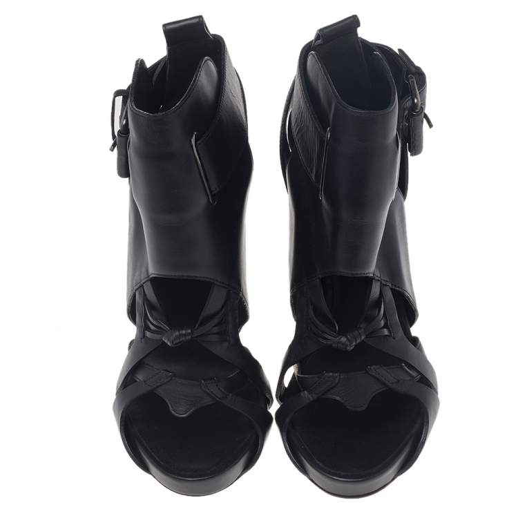 Pre Owned Givenchy Black Leather Ankle Length Strappy Booties Size 36.5