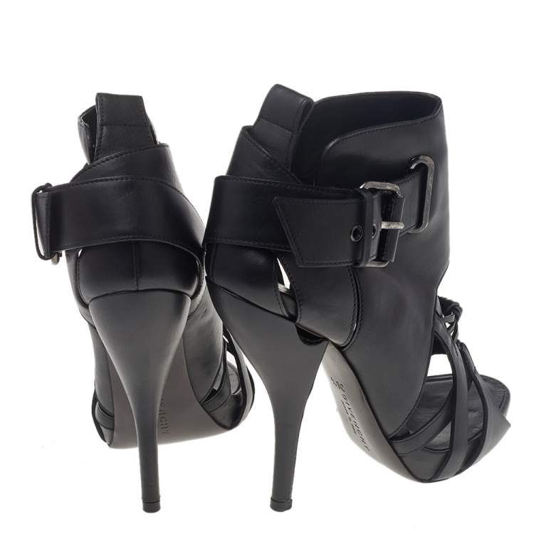 Pre Owned Givenchy Black Leather Ankle Length Strappy Booties Size 36.5