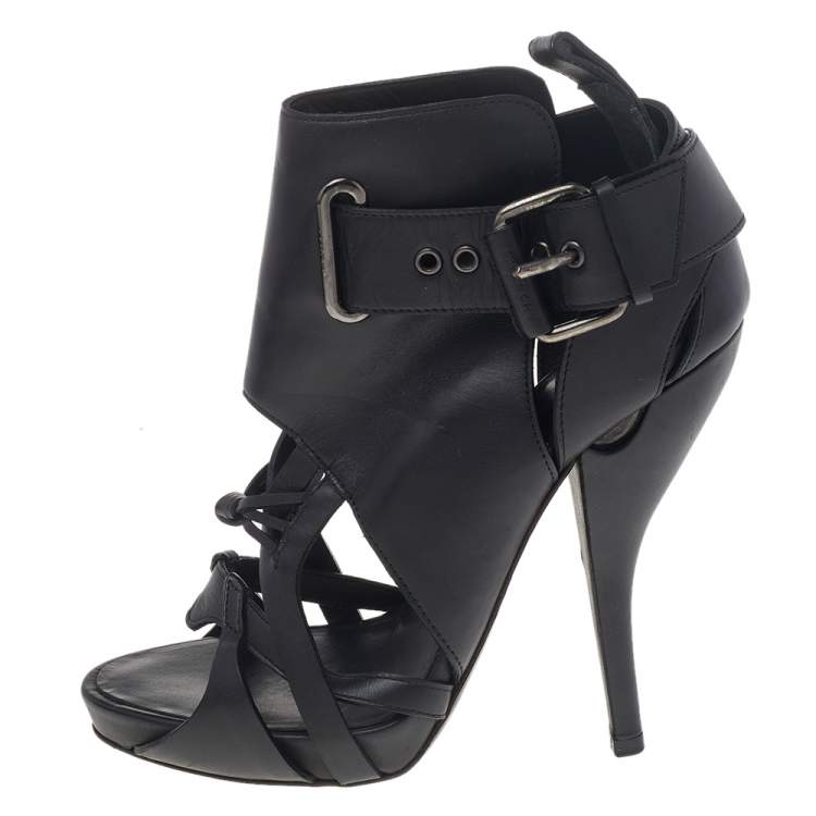 Pre Owned Givenchy Black Leather Ankle Length Strappy Booties Size 36.5