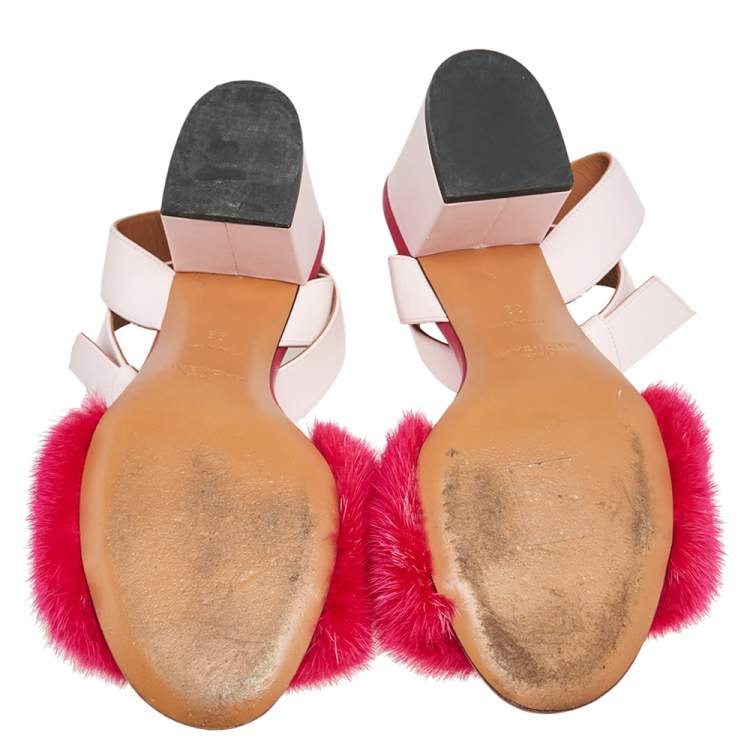 مملوكة مسبقًا Givenchy Two Tone Pink Leather and Mink Fur Ankle Strap Sandals Size 38
