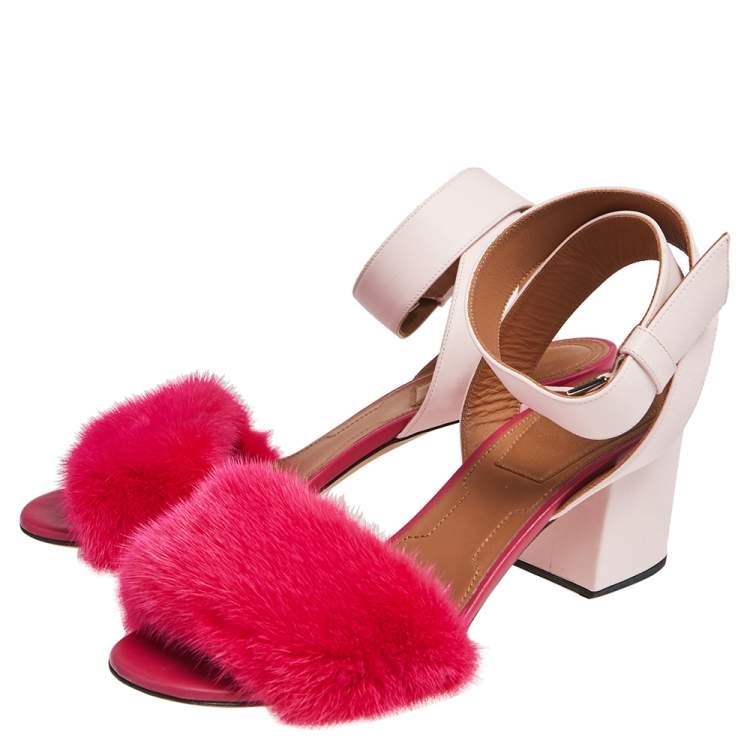 مملوكة مسبقًا Givenchy Two Tone Pink Leather and Mink Fur Ankle Strap Sandals Size 38