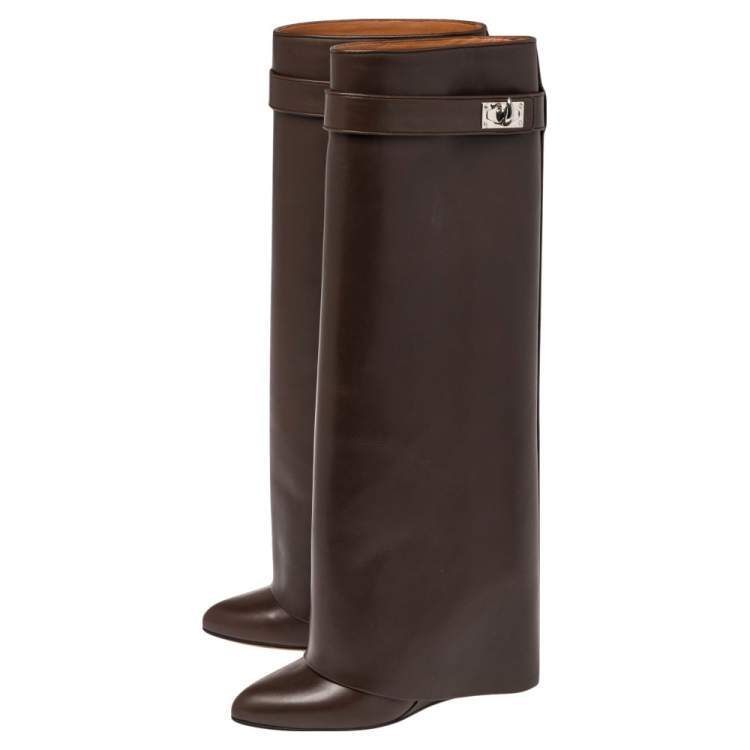 Pre Owned Givenchy Brown Leather Shark Lock Knee Length Boots Size 37.5