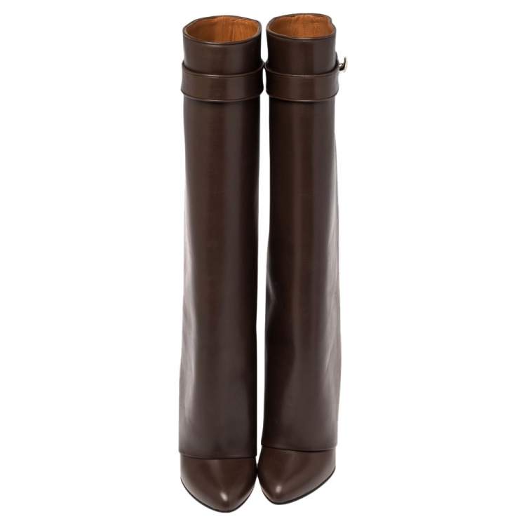 Pre Owned Givenchy Brown Leather Shark Lock Knee Length Boots Size 37.5