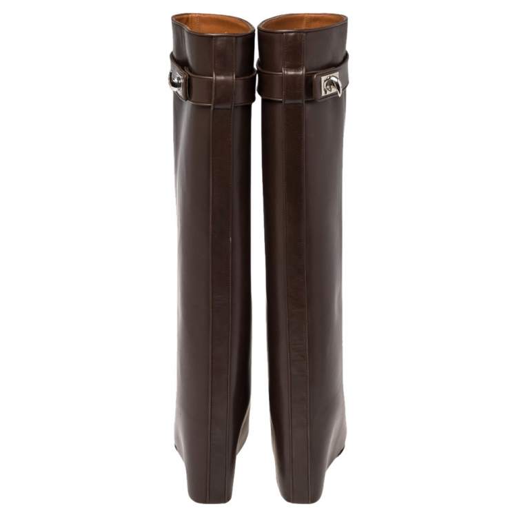 Pre Owned Givenchy Brown Leather Shark Lock Knee Length Boots Size 37.5