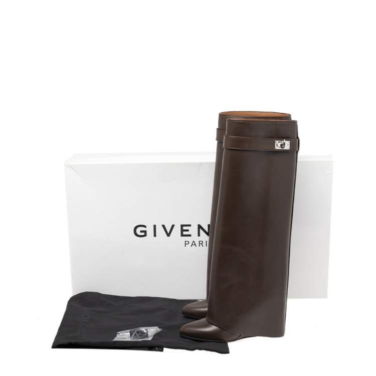 Pre Owned Givenchy Brown Leather Shark Lock Knee Length Boots Size 37.5