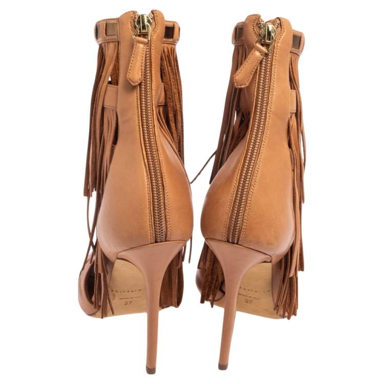 Pre Owned Givenchy Brown Leather Fringe Sandals Size 37