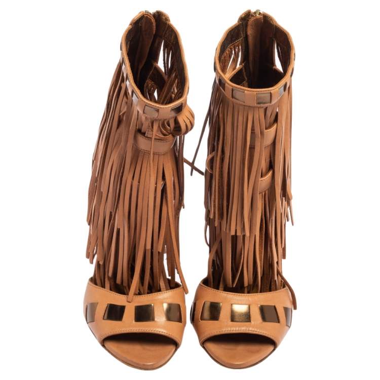 Pre Owned Givenchy Brown Leather Fringe Sandals Size 37