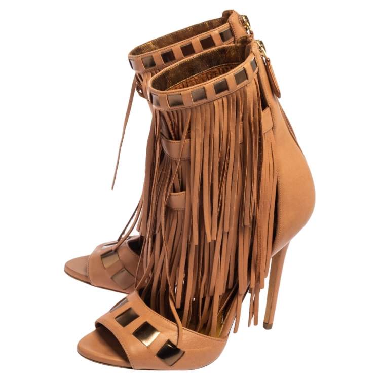 Pre Owned Givenchy Brown Leather Fringe Sandals Size 37
