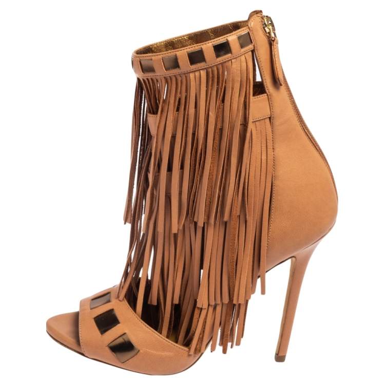Pre Owned Givenchy Brown Leather Fringe Sandals Size 37