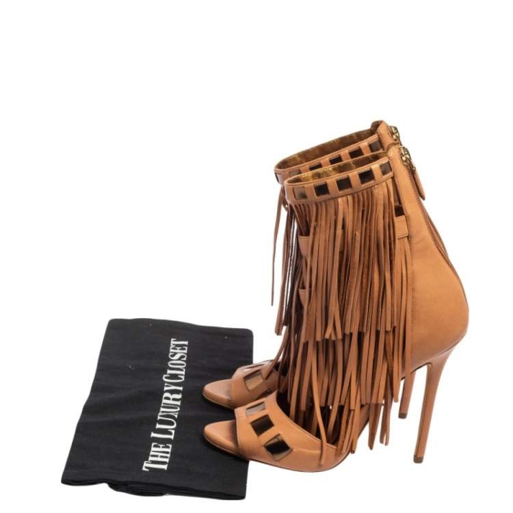 Pre Owned Givenchy Brown Leather Fringe Sandals Size 37