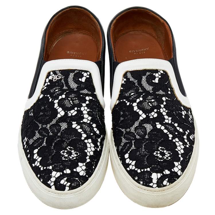 Pre Owned Givenchy White/Black Lace And Leather Slip on Sneakers Size 41