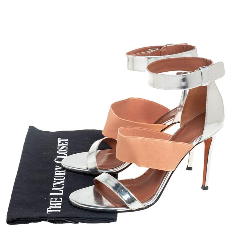Pre Owned Givenchy Silver Foil Leather And Fabric Ankle Cuff Sandals Size 39 